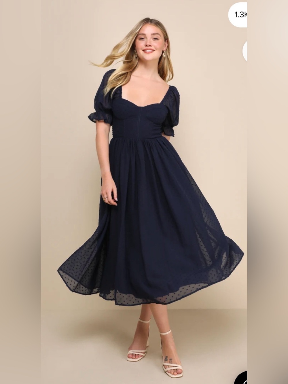 Lulu’s Navy Swiss Dot Puff Sleeve Bustier Midi Dress size M